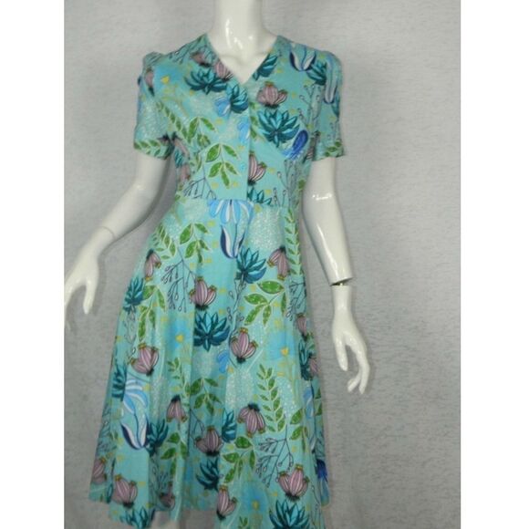 Lindy Bop Dress Turquoise Blue Floral Print Pinup Swing Dress Size 10 - Picture 6 of 11